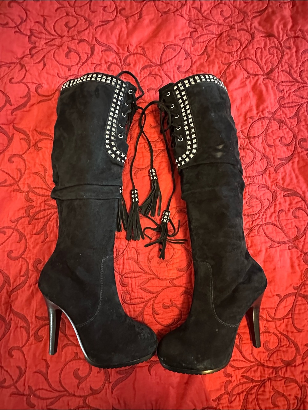 Saks Fifth Avenue Black Suede Over-the-Knee Studded Lace-Up Boots